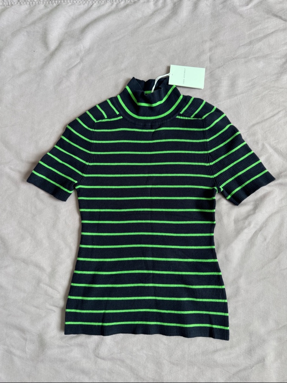 Striped Mock Neck Short Sleeve Top in Navy and Neon Green